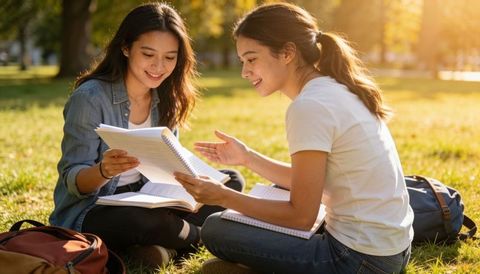 Two female students studying together on campus lawn sharing spiral notebooks and notes