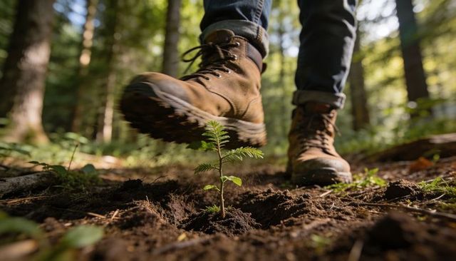 Hiker boot stepping near fragile forest sapling, closeup of brown boots on woodland soil