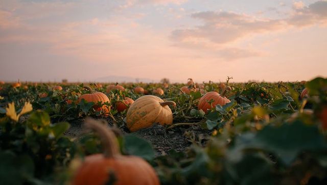 Sunset Over Vast Pumpkin Field with Harvest Preparations