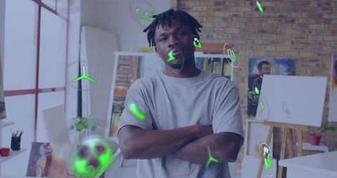 Creative artist in studio with interactive holographic elements