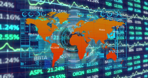 Global Financial Data Visualization Over Animated World Map