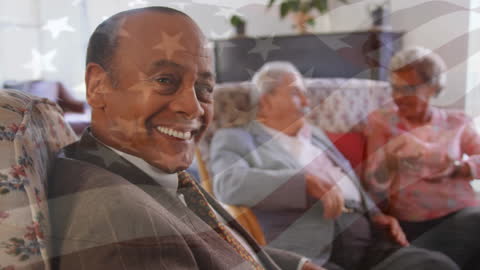 Seniors Gather with USA Flag Overlay Reflecting Community