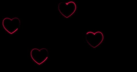 Glowing Red Neon Hearts on Black Background