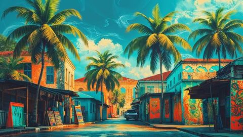 Vibrant tropical haiti street with palm trees and retro murals