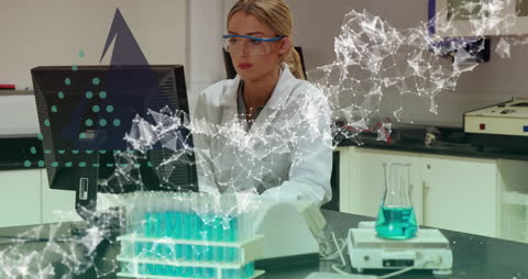 Female Scientist Analyzing DNA Helix in Modern Lab