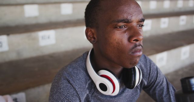 Young Man wearing Headphones Sitting in Bleachers Showing Determination - Download Free Stock Images Pikwizard.com