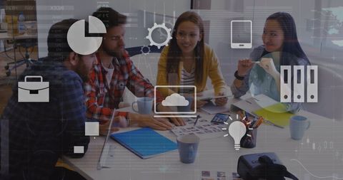 Collaborative business team with data overlay