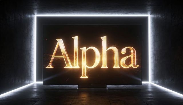 Glowing gold alpha typography on large screen in minimal concrete gallery with led frame