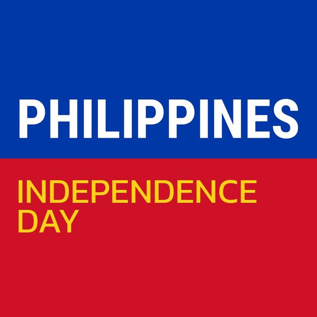 Digital composite image of philippines independence day text over blue and red background. patriotism and identity concept.