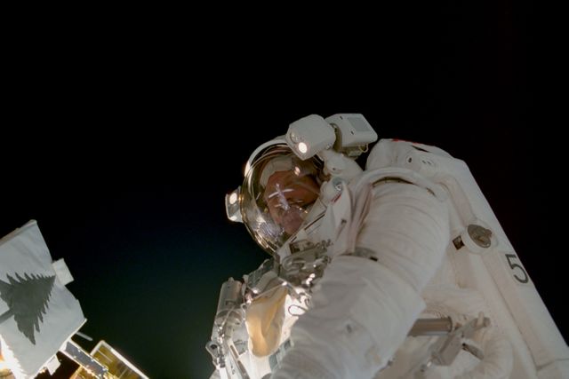 Image of an astronaut floating in the outer space during a space walk, posing besides a solar array structure adorned with an evergreen tree-like model. Great for illustrating themes relating to space exploration, NASA missions, astronaut activities, and extraterrestrial environments. Useful for educational resources, articles on space missions, space-themed presentations, and sci-fi book covers.