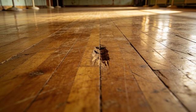 Sunlit worn hardwood floor with splintered gouge, scratched planks and vintage patina