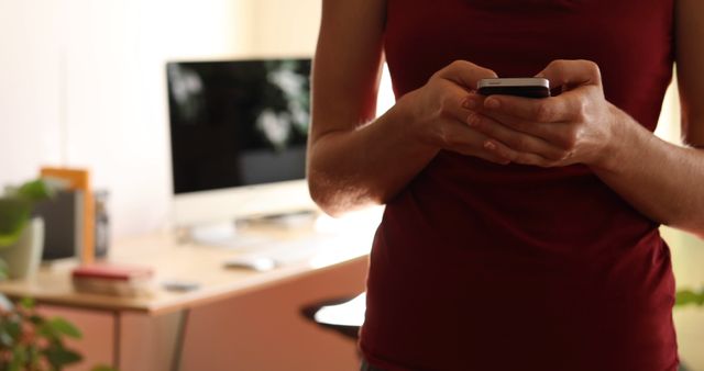 Woman Texting on Smartphone in Home Office Environment - Download Free Stock Images Pikwizard.com