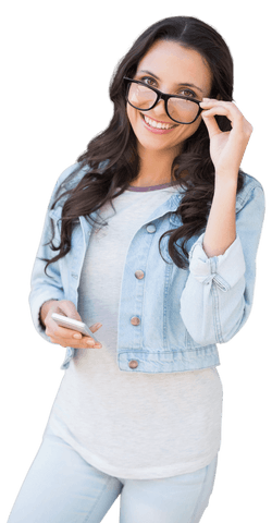 Happy woman with smartphone on transparent background