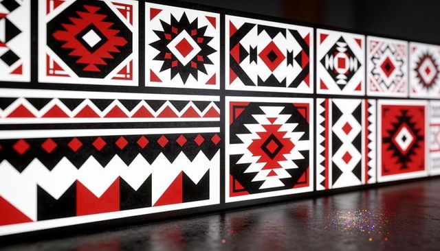 Displaying geometric tile panels with red black white tribal motifs on glossy tabletop