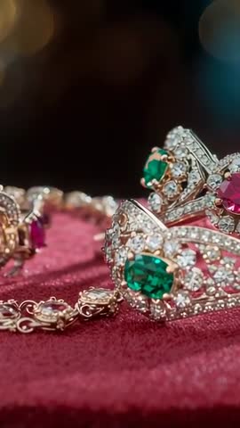 Vertical jewelry video panning to emerald and ruby filigree on red velvet highlighting gold