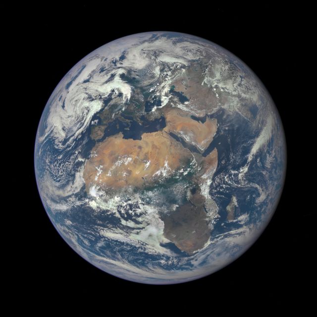 Africa is front and center in this image of Earth taken by a NASA camera on the Deep Space Climate Observatory (DSCOVR) satellite. The image, taken July 6 from a vantage point one million miles from Earth, was one of the first taken by NASA’s Earth Polychromatic Imaging Camera (EPIC).  Central Europe is toward the top of the image with the Sahara Desert to the south, showing the Nile River flowing to the Mediterranean Sea through Egypt. The photographic-quality color image was generated by combining three separate images of the entire Earth taken a few minutes apart. The camera takes a series of 10 images using different narrowband filters -- from ultraviolet to near infrared -- to produce a variety of science products. The red, green and blue channel images are used in these Earth images.  The DSCOVR mission is a partnership between NASA, the National Oceanic and Atmospheric Administration (NOAA) and the U.S. Air Force, with the primary objective to maintain the nation’s real-time solar wind monitoring capabilities, which are critical to the accuracy and lead time of space weather alerts and forecasts from NOAA.  DSCOVR was launched in February to its planned orbit at the first Lagrange point or L1, about one million miles from Earth toward the sun. It’s from that unique vantage point that the EPIC instrument is acquiring images of the entire sunlit face of Earth. Data from EPIC will be used to measure ozone and aerosol levels in Earth’s atmosphere, cloud height, vegetation properties and a variety of other features.  Image Credit: NASA  <b><a href="http://www.nasa.gov/audience/formedia/features/MP_Photo_Guidelines.html" rel="nofollow">NASA image use policy.</a></b>  <b><a href="http://www.nasa.gov/centers/goddard/home/index.html" rel="nofollow">NASA Goddard Space Flight Center</a></b> enables NASA’s mission through four scientific endeavors: Earth Science, Heliophysics, Solar System Exploration, and Astrophysics. Goddard plays a leading role in NASA’s accomplishments by contributing compelling scientific knowledge to advance the Agency’s mission.  <b>Follow us on <a href="http://twitter.com/NASAGoddardPix" rel="nofollow">Twitter</a></b>  <b>Like us on <a href="http://www.facebook.com/pages/Greenbelt-MD/NASA-Goddard/395013845897?ref=tsd" rel="nofollow">Facebook</a></b>  <b>Find us on <a href="http://instagrid.me/nasagoddard/?vm=grid" rel="nofollow">Instagram</a></b>