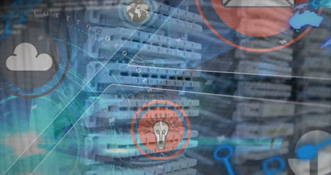 Digital Icons Overlay on Computer Server for Technology Concepts