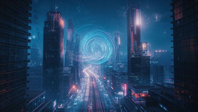 Futuristic cityscape with neon energy vortex above busy highway