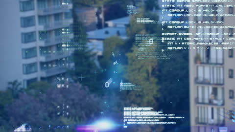 Futuristic Data Processing Over Cityscape Background