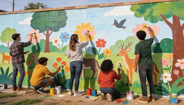 Community volunteers painting vibrant nature mural on park wall