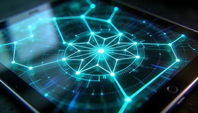 Holographic cyber network interface projecting from tablet with neon cyan hud and nodes