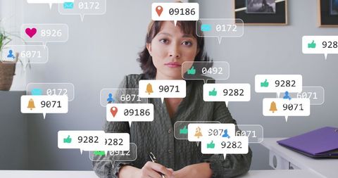 Asian businesswoman engaging overlays social media interface