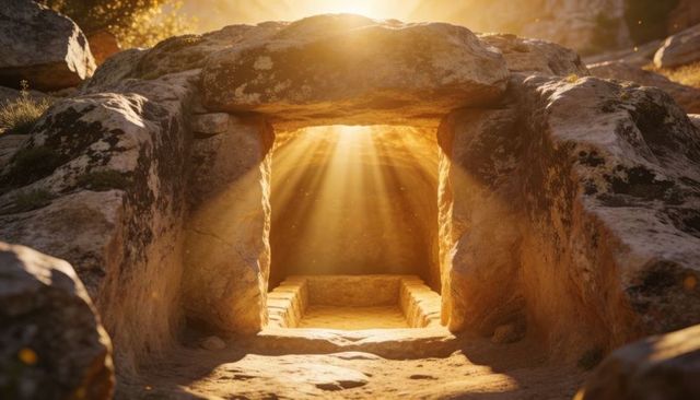 Ancient rock-cut tomb entrance bathing in golden sunbeams on weathered rocky hillside