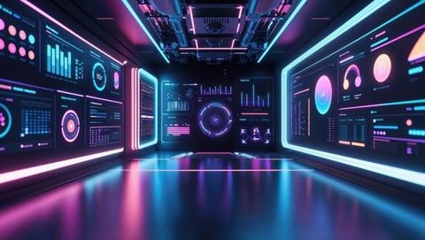 Futuristic Neon Corridor with Data Visualization Panels