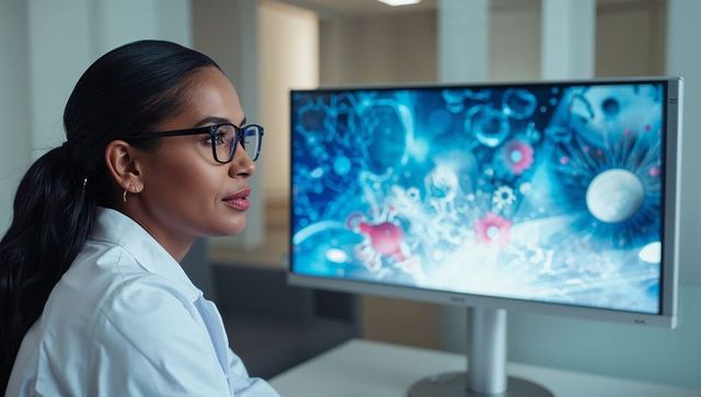 Female scientist studying cellular data on high-resolution monitor in modern lab office