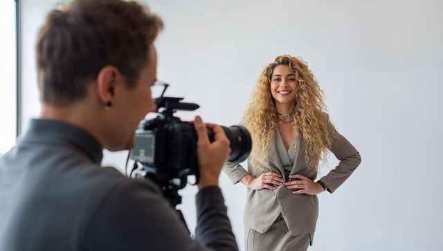 Confident woman posing in tailored suit during professional studio headshot session