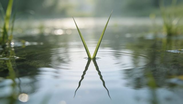 Slender grass blades forming mirrored x and concentric ripples on still water
