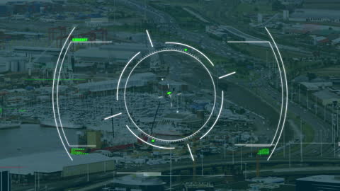 Digital Interface Overlay on Cityscape with Futuristic Data Visualization