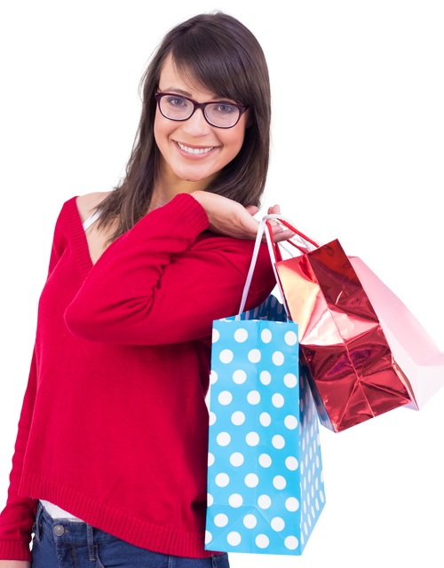 Smiling woman holding shopping bags on white transparent background - Download Free Stock Videos Pikwizard.com