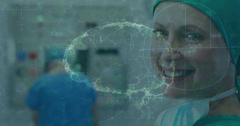 Innovative female surgeon with digital brain overlay in operating room