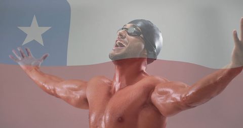 Swimmer Celebrating with Chilean Flag Overlay