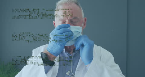 Doctor Adjusting Face Mask with Digital Interface Overlay