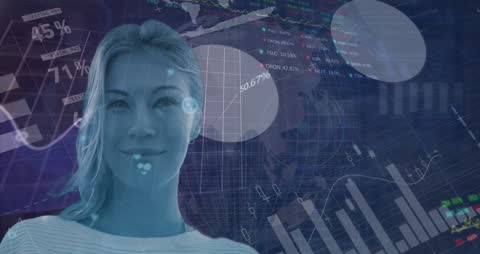 Digitally Animated Woman Amidst Data and Graphs