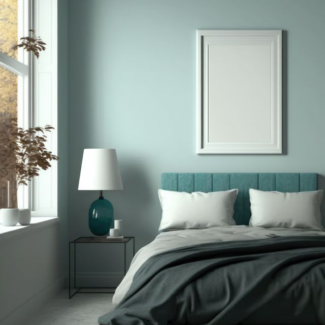 The image features a modern bedroom with blue walls, a comfortable bed with white pillows, a stylish lamp, and a simple bedside table. The large window allows natural light to brighten the room, which is decorated in a minimalistic style. This picture is perfect for showcasing interior design ideas, home decoration tips, and promoting furniture or bedding products.
