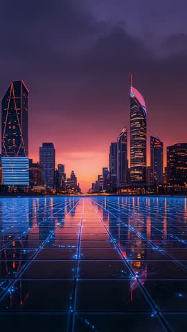 Vertical Futuristic Skyline Video Showing Neon Grid Reflecting Sunset and Glowing Towers