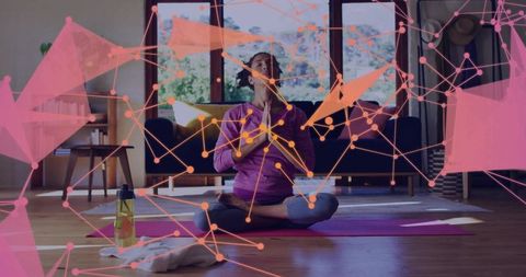 Woman practicing yoga with modern abstract art overlay