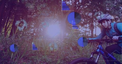 Cyclist Navigating Nature Trail with Data Overlay Highlighting Adventure