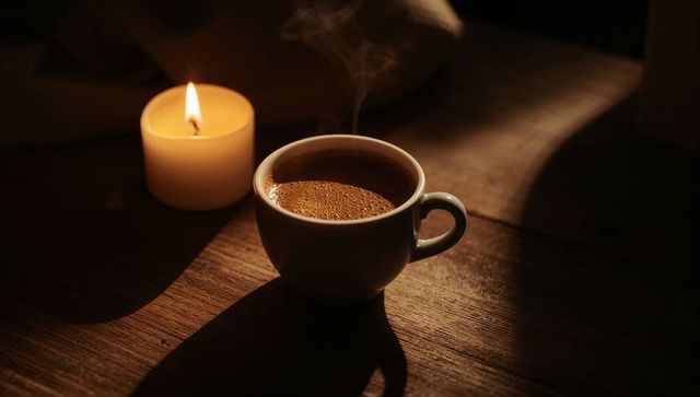 Candlelit Ceramic Coffee Cup with Creamy Crema and Rising Steam on Rustic Wood