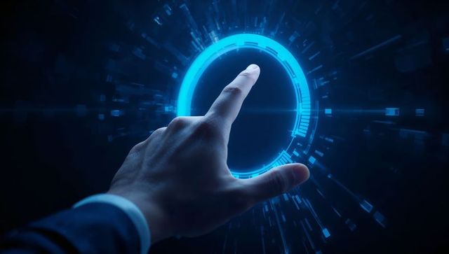 Reaching hand touching futuristic blue hud ring interface, digital technology concept
