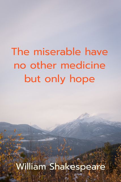 This visual features an inspirational quote by William Shakespeare set against a peaceful mountain landscape. The combination of calm, snow-capped peaks and a motivational message creates a powerful image of hope and resilience. Ideal for use in social media posts, posters, motivational presentations, and personal journals.