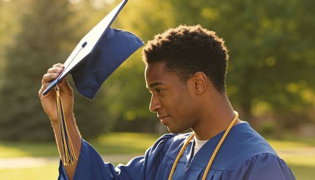 Black male graduate tipping mortarboard on sunlit campus wearing navy gown and gold cord