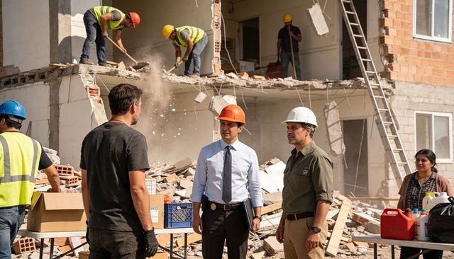Urban demolition site inspection with construction managers conducting review in hard hats