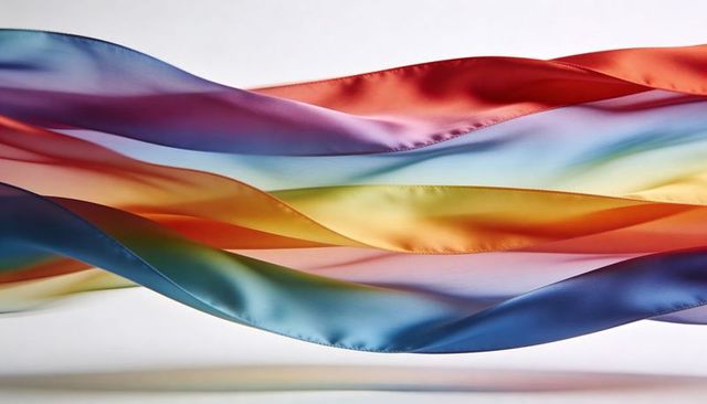 Translucent rainbow satin ribbons forming flowing iridescent waves with stitched edges