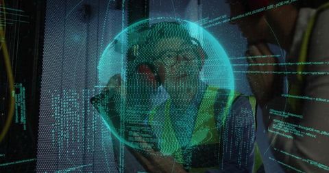 Mature Man with Handset Amid Servers and Holographic Globe in Network Room