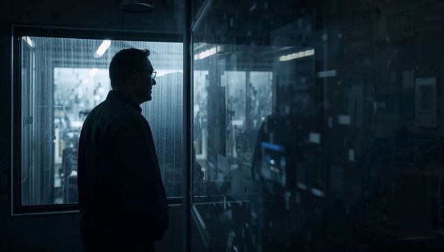 Silhouette technician watching automated machinery through streaked glass, moody control room