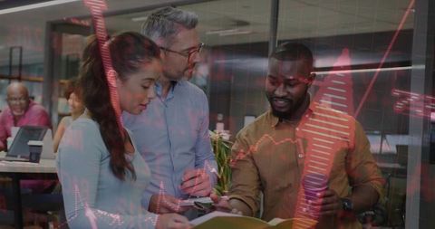 Team collaboration with stock market data overlay in open-plan office